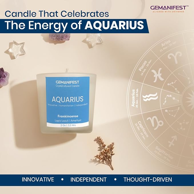 Aquarius Zodiac Candle with Amethyst Bracelet Frankincense Scented Soy Candle Birthday Spiritual Astrology Birthstone Gifts for Women Men for Manifestation and Healing