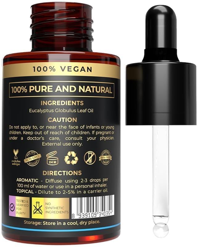 100% Plant Based Eucalyptus Essential Oil - Aromatherapy & Skin Care Oil - Plant Based & Natural Eucalyptus Oil for Body Wash, Diffuser & Massage