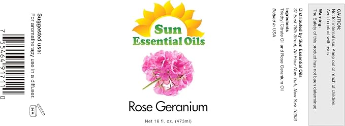 Sun Essential Oils - Rose Geranium Essential Oil 16oz for Aromatherapy, Diffuser, Calming, Skin Care