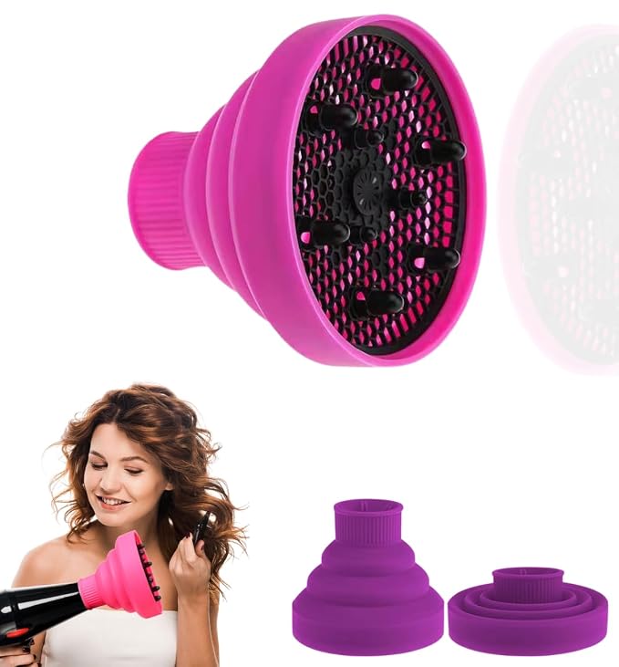 Silicone Hair Dryer Diffuser, Universal Collapsible Diffuser, Foldable Blow Dryer Diffuser for Curly Hair, Portable Hair Diffuser Styling Tool for Frizz-Free Curls & Waves (Purple)