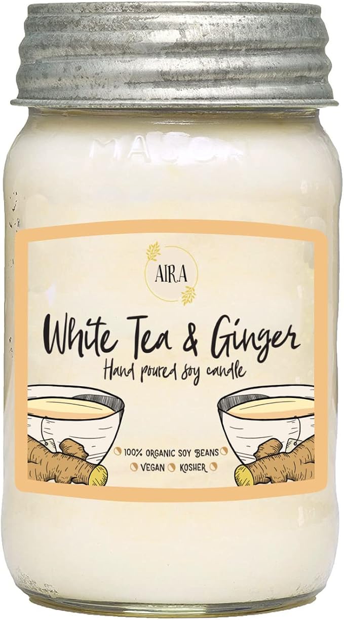 Aira Soy Candles - Organic, Kosher, Vegan, in Mason Jar w/Therapeutic Grade Essential Oil Blends - Hand-Poured 100% Soy Candle Wax - Paraffin Free, Burns 110+ Hours - White Tea & Ginger -16 Ounces