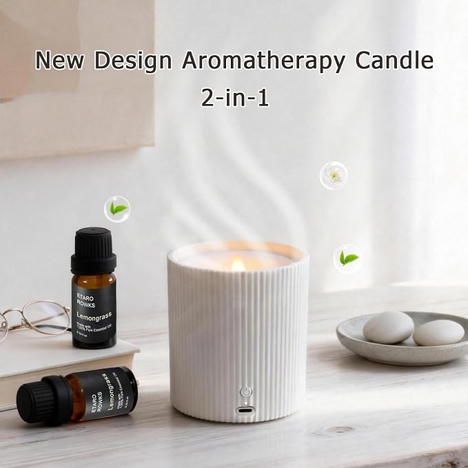 Waterless Essential Oil Diffuser,LED Candle Diffuser with Rechargeable,Wireless Candle Waterless Diffuser,3D Wick and Realistic Candle Flame Diffuser with 12PCS Cotton Pads(with Battery)