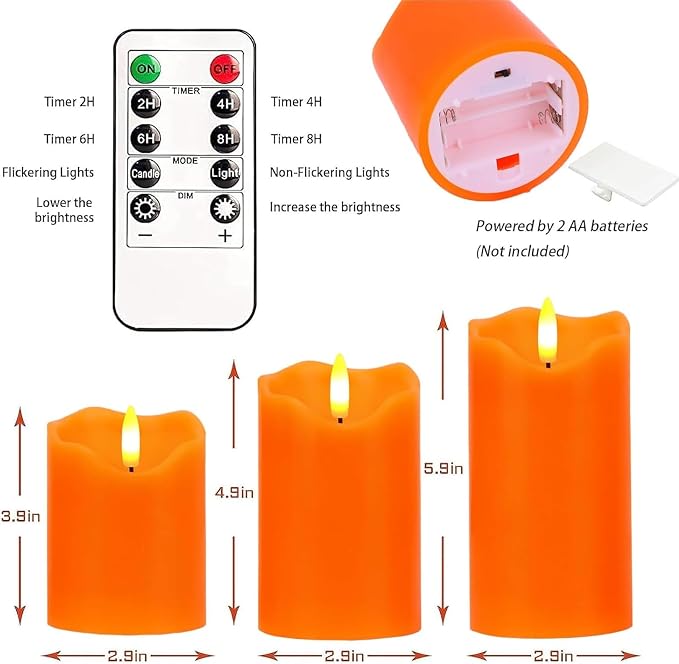 Flameless Candles Lights, Set of 3 Orange Flickering LED Candles with Remote & Timer, Dimmable LED Pillar Candles Battery Operated, Electric Candles for Fall Halloween Thanksgiving Decor (Orange)