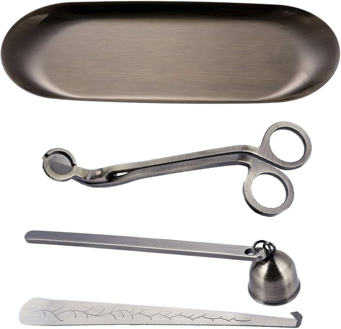 MUXSAM 4 in 1 Candle Accessory Set, Candle Wick Trimmer, Candle Snuffer, Wick Trimmer, Candle Wick Dipper, Storage Tray Plate, Candle Care Tools Gifts for Candle Lovers(Bronze)