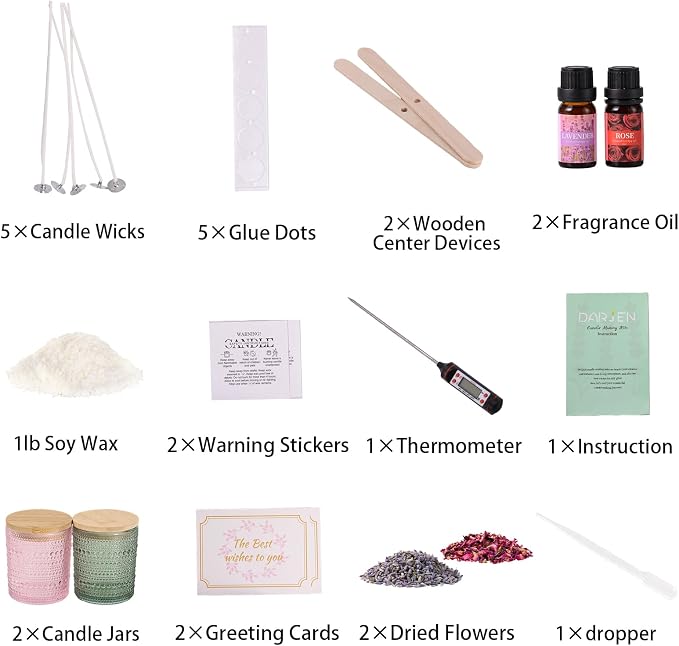 DARJEN Candle Making Kits for Beginners, DIY Starter Scented Candles Making Kit - 2 Glass Jars(Green, Pink), Soy Wax, Scented, Card & More, Full Soy Candle Making Supplies Set Perfect Gifts