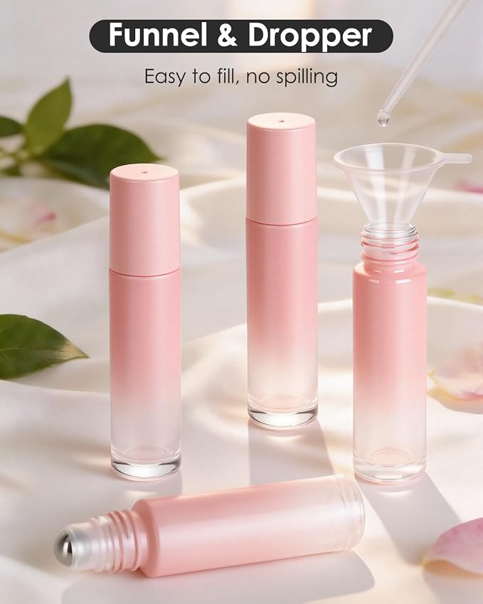 Worldgsb 12 Pack Essential Oil Roller Bottles, 10ml Refillable Glass Roller Bottles with Stainless Steel Roller Balls and Caps for Travel, Perfume and Lip Gloss Pink Gradient