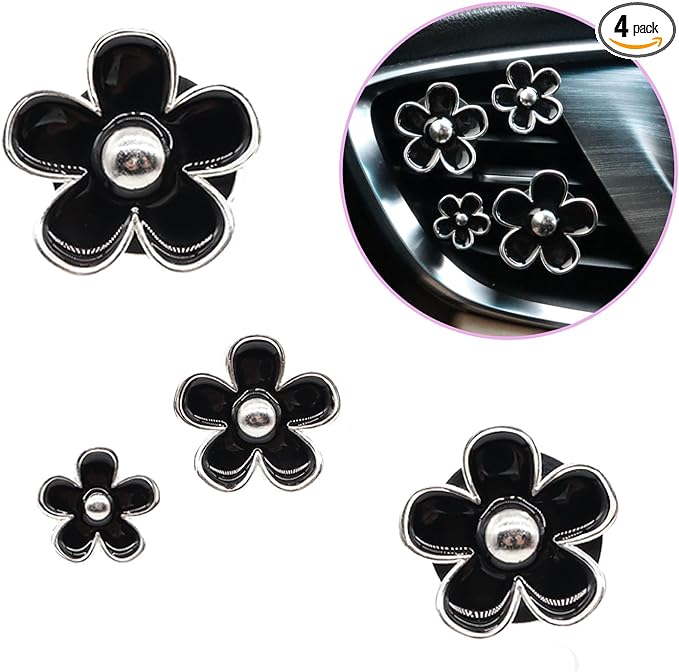 ORIESSE 4pcs Cute Daisy Flowers Car Air Freshener Vent Clips,Girly Flowers Car Accessories for Women,4 Sizes Sparkle Black Silver Flower Car Vent Clips,Refillable Clips On Car Diffuser