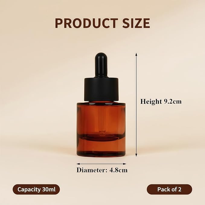 Happyupcity 2Pcs 30ml/1 oz Glass Dropper Bottles with Black Eye Droppers Lid Empty Refillable Essential Oil Bottles Travel Perfume Sample Vials Essence Liquid Cosmetic Containers