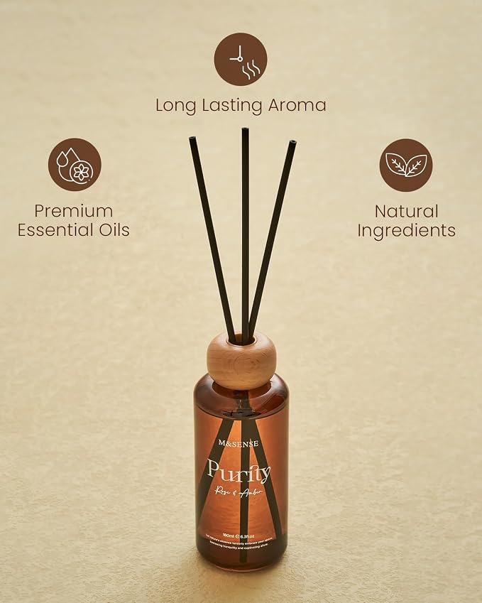 M&SENSE Reed Diffuser Set, Rose Amber Scented 6.3 fl oz Natural Essential Oil Diffusers with Sticks, Non-Toxic Organic Air Freshener, Long-Lasting Fragrance Oils for Bathroom Bedroom Gifts for Girls