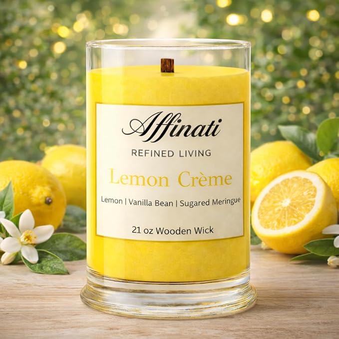 Affinati Lemon Creme Large Scented Candle, 21 oz Wooden Wick Tumbler – Highly Fragrant Premium Long Burning Fruit Fragrance, Soy Blend Candle