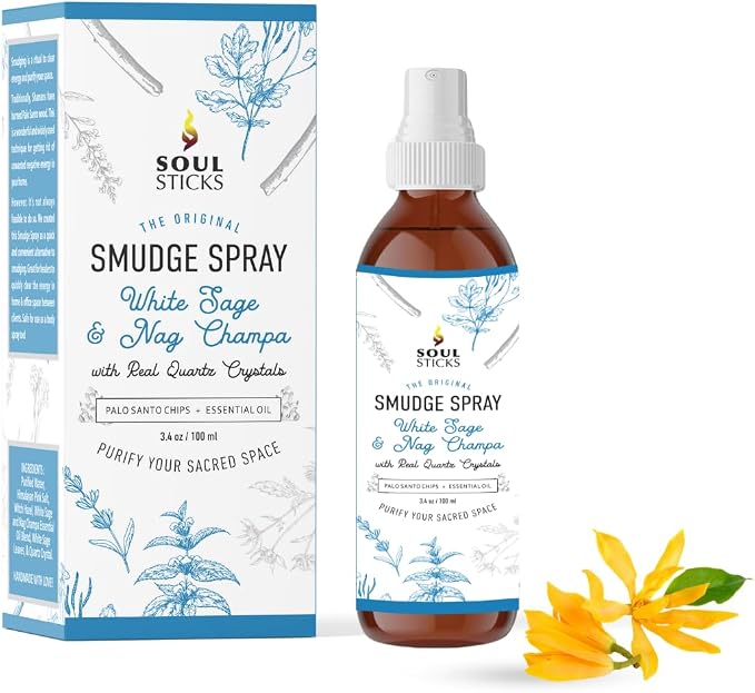 SOUL STICKS White Sage & Nag Champa Smudge Spray – 3.5oz Smokeless Cleansing Mist with Quartz Crystals – Spiritual Aromatherapy Spray for Meditation, Yoga, Home Energy Clearing & Relaxation