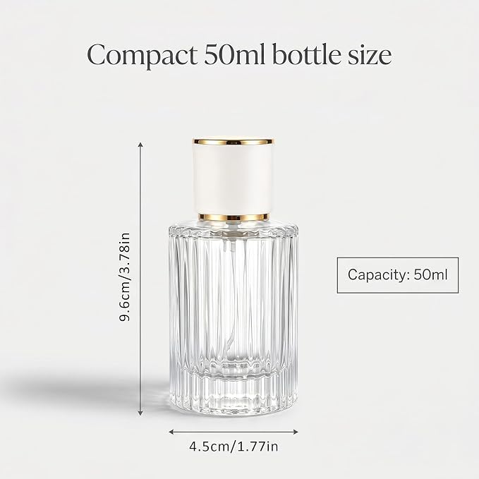 YU FENG 2 Pack Refillable Glass Spray Perfume Bottles, 50ML Clear Fine Mist Atomizer with Gold Rim & Cream Cap, Empty Portable Glass Essential Oil Spray Bottles for Travel, Home, DIY Fragrance