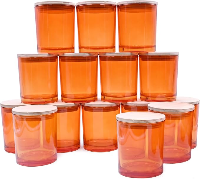 SHOWIN 10 OZ Thick Candle Jars for Making Candles 15 Pcs, Empty Jars with Wood Lids for Candle Making, Sample Container, Clear Orange