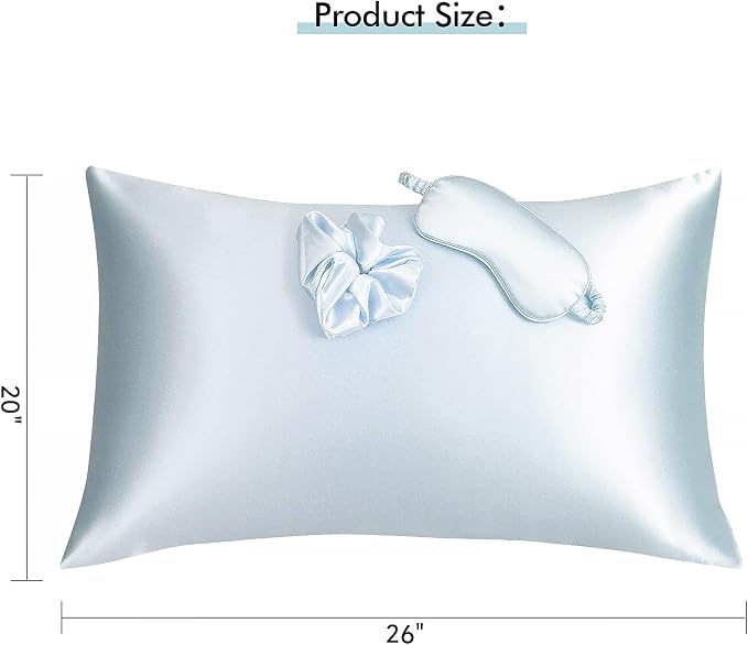 Vegan Silk Sleep Set – Satin Pillowcase, Eye Mask & Large Scrunchie for Hair and Skin – Frizz Free Beauty Sleep & Self Care Night Routine – Light Blue