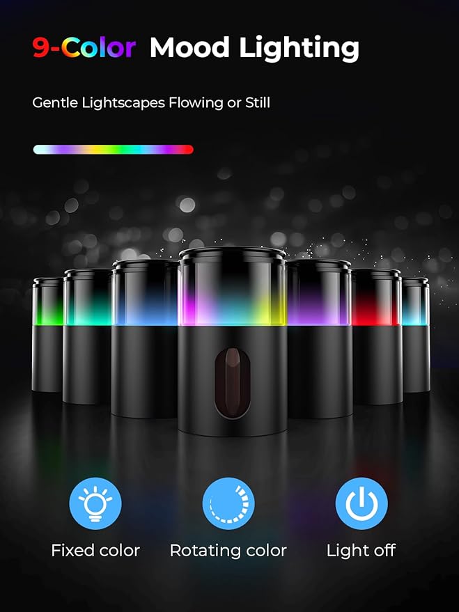 Waterless Essential Oil Diffuser: 𝟗 𝐂𝐨𝐥𝐨𝐫𝐬 𝐋𝐄𝐃 Scent Diffuser for Home&Car&Office - Portable Diffuser with 48H Battery, 4 Timers & 3 Mist Levels, Carbon Black