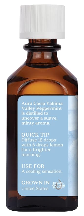 Aura Cacia Peppermint Essential Oil, 2-Ounce, Cools Skin, Fresh Minty Aroma, No Synthetic Fragrances, Color or Preservatives