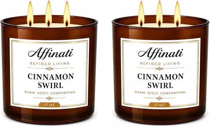 Affinati Cinnamon Swirl 3-Wick Scented Candle 2-Pack – Premium Soy Blend Candles, Strong Scent Throw, Long Burn Time, Home Fragrance Gift Set