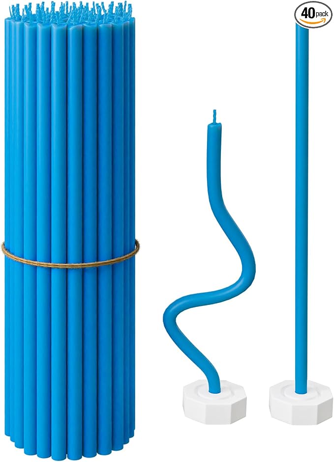 BlueBee Pure Beeswax Candles Bulk for Home - 40pcs Tall Thin Taper Candles + 2 Holders, Honey Scent, Smokeless, Long-Burn, All Natural for Church Prayer, Hanukkah, Birthday Cake, Christmas Advent