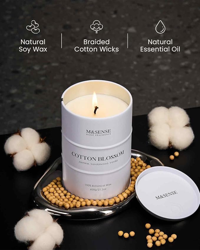 M&SENSE Cotton Blossom Scented Candles, Large, Natural Soy, 21.2oz | 120 Hour Slow Burning, Aromatherapy, Stress Relief, Meditation, Relaxing