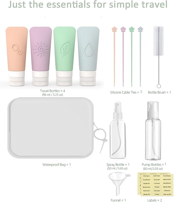 16-Piece Silicone Travel Bottles Set – TSA Approved Leakproof Toiletry Kit with Flat Easy-Squeeze Bottles, Pump & Spray, Waterproof Bag