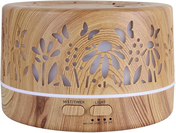 Wild Essentials 700ml Designer Large Room Essential Oil Diffuser, 5 in 1 Ultrasonic Aromatherapy Vaporizer Cool Mist Humidifier, Home, Office Bedroom, Timer, Auto-Off, 7 Color LED (Light Wood Flowers)