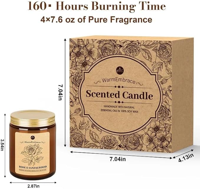 WarmEmbrace Lavender Candles, 4-Pack Scented Candle Set for Women, 7.6 oz Natural Organic Soy Wax in Glass Jar, 160 Hours Long-Lasting Burn, Perfect for Mother's Day, Birthday Gifting (4 Fragrance)
