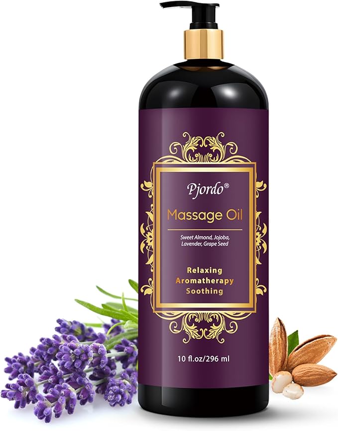 Pjordo Aromatherapy Lavender Massage Oil, 10 fl oz Relaxing Massage Oil for Massage Therapy with Grape Seed, Sweet Almond & Jojoba, Spa Quality Oils for Soothing, Calming