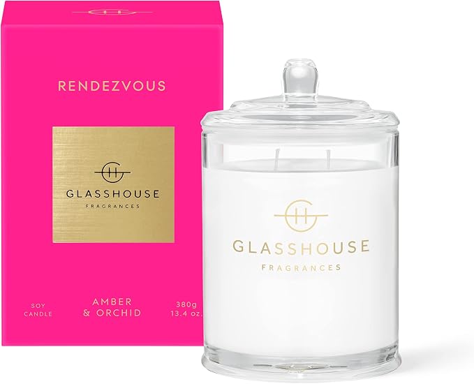 Glasshouse Fragrances Rendezvous Candle, Triple Scented Natural Soy Wax Blend, 2 Wicks & Glass Jar, 65 Hour Burn Time, Amber & Orchid, 13.4 Oz (380g)