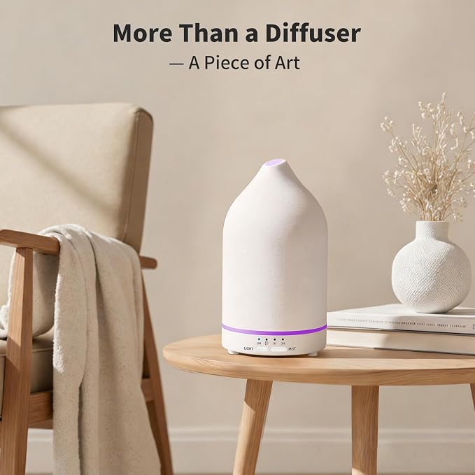 URPOWER 180ML Ceramic Essential Oil Diffuser - Ultrasonic Aromatherapy Diffuser with 7-Color LED Lights, Auto Shut-Off & 2 Mist Modes, Quiet Scent Diffusers for Home, Office, Yoga