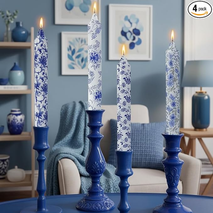 Flowers Printed Candle Taper Candles 9 inch - 4 Pack Blue and White Porcelain Candle Dripless, Smokeless, Unscented Tall Candlesticks - Perfect for Home Decor, Weddings, and Special Occasions