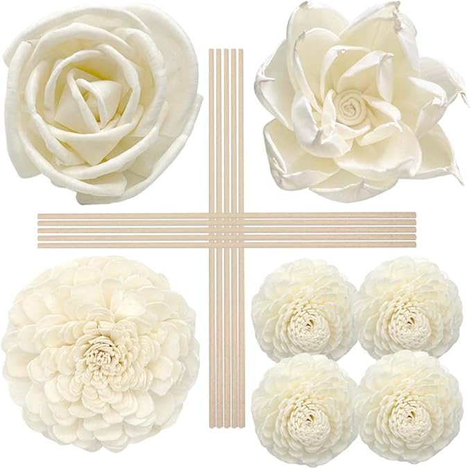 Flower Diffuser Sola Wood Flowers Natural Material Aromatherapy Reed Decorative Aromatherapy Flower Refill Diffuser Reeds, 7Pcs Flower, 10 Pcs Diffuser Rattan