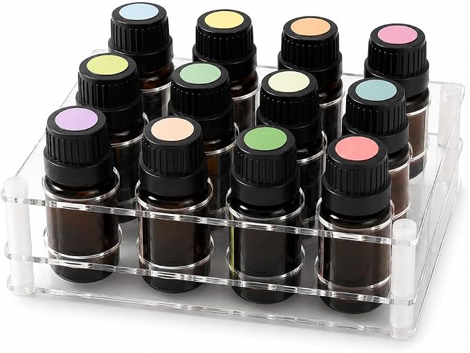 BOXIN 2-Pack Acrylic 2-in-1 Storage Rack, 12 Slots Each, Holds 10ml/15ml/20ml Essential Oils & Slim Lipsticks, Clear Desktop Vanity Organizer