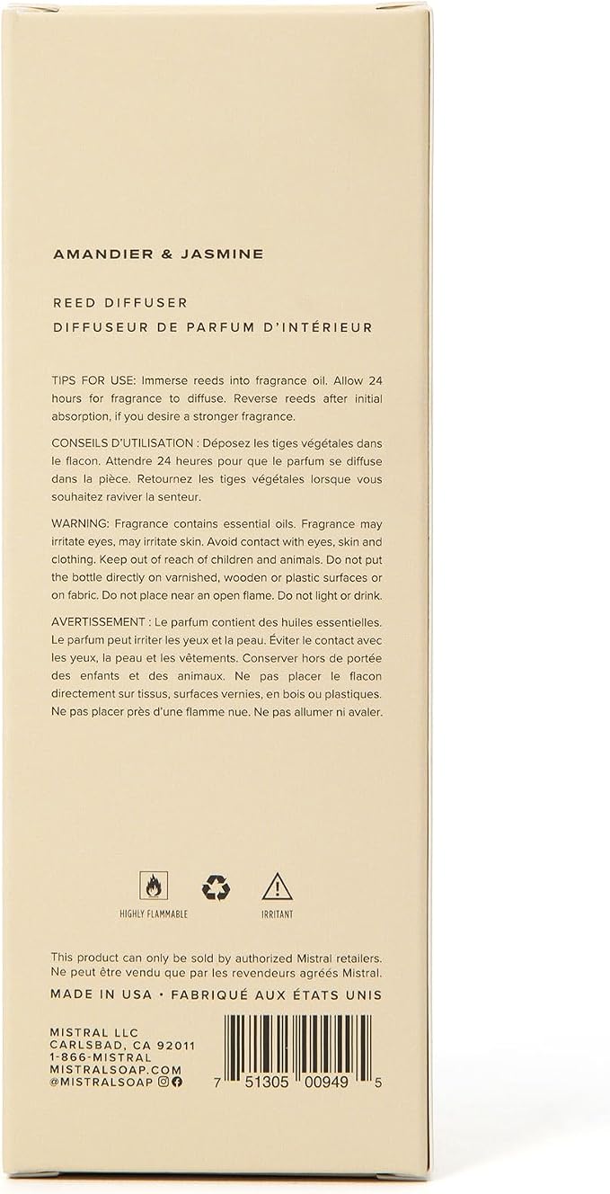 Mistral Amandier & Jasmine Reed Diffuser – Luxury Almond Blossom & Jasmine Scent Diffuser for Home, Office, Bathroom | 100% Oil-Based & Alcohol-Free, Long-Lasting, with Natural Reed Sticks (3.5 fl oz)
