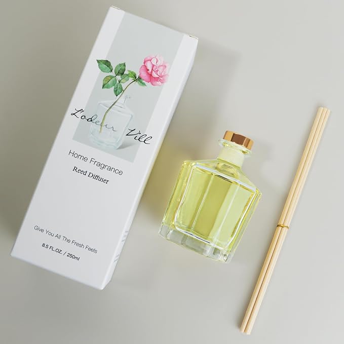 L'odeur Vill Reed Diffuser, 8.5 Oz(250ml)Jasmine & White Tea Bathroom Diffuser with 10 Sticks, Scented Diffuser Home Fragrance Essential Oil Reed Diffuser Set for Home Large Rooms Bathroom Shelf Decor