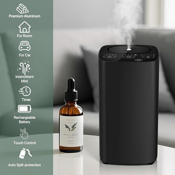 Waterless Car Essential Oil Diffuser, Portable Nebulizer Aromatherapy Diffuser, Mini Scent Air Machine with Timers for Home, Room, Car, Office,Travel