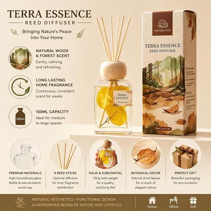 Terra Essence Reed Diffuser Set, Natural Wood & Forest Scent, Long Lasting Home Fragrance with Dried Leaves Decor, 100ml Essential Oil Diffuser for Living Room, Bathroom, Office, 3.4 FL OZ