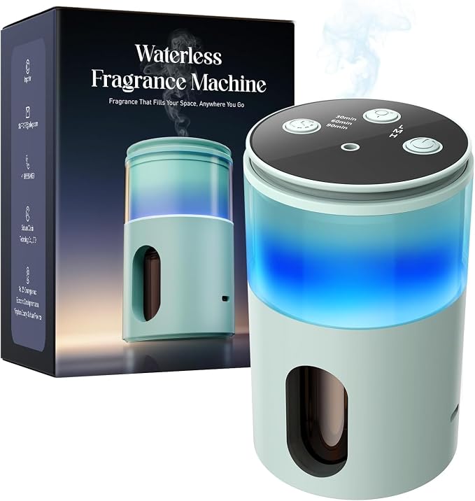 Waterless Essential Oil Diffuser: 𝟗 𝐂𝐨𝐥𝐨𝐫𝐬 𝐋𝐄𝐃 Scent Diffuser for Home&Car&Office - Portable Diffuser with 48H Battery, 4 Timers & 3 Mist Levels, Light Green
