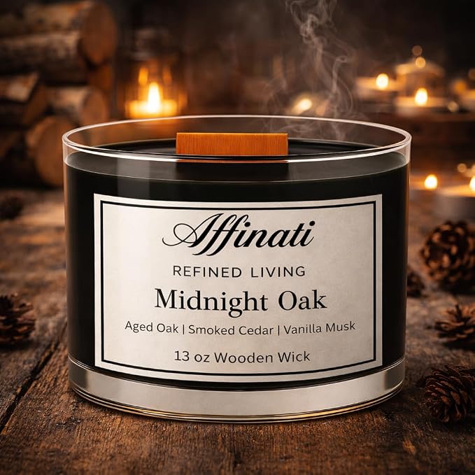 Affinati Midnight Oak Wooden Wick Candle – Premium Wooden Bowl, 13 oz