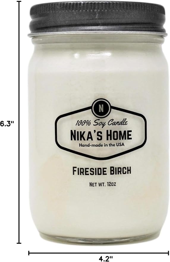 Nika's Home Fireside Birch Soy Candle - 12oz Mason Jar - Non-Toxic - Hand Poured in The USA, Long Burning 50-60 Hours Highly Scented All Natural, Clean Burning