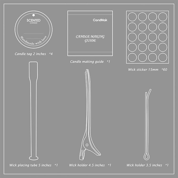 CandMak Candle Wick Kit - 60 Cotton Wicks with Candle Making Tools (Thin 4"+6"+8")