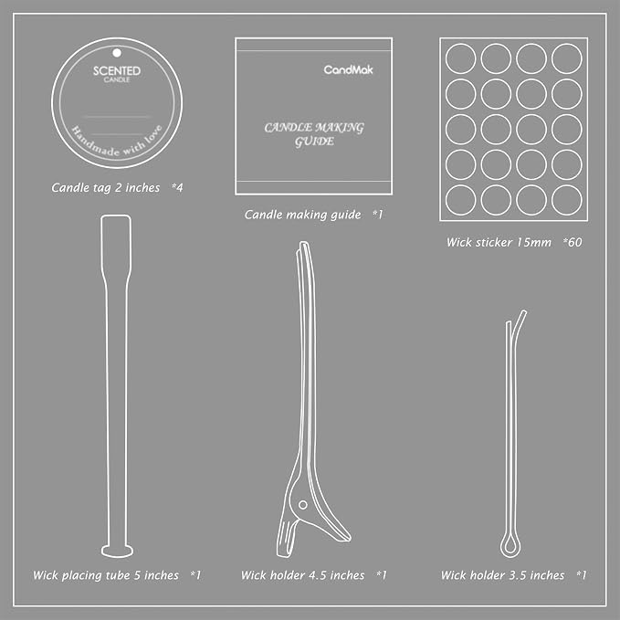 CandMak Candle Wick Kit - 60 Cotton Wicks with Candle Making Tools (Thick 4"+6"+8")