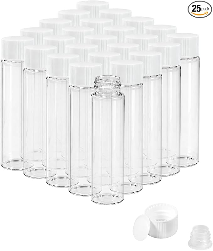 20ml Clear Glass Vials with Screw Caps and Plastic Stoppers, Small Liquid Sample Vial, Leak-Proof Vial, 25PCS(White Cap)