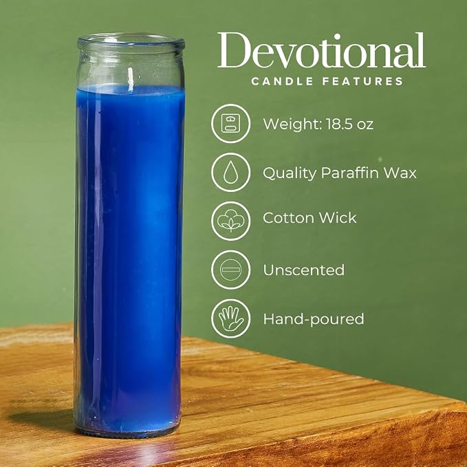 Simply Soson 2x8 inch Blue Devotional Candles in Glass Jar - 1 Piece - 90 Hours – Prayer Candle - Tall Pillar Candles for Religious, Memorials, Party Decor