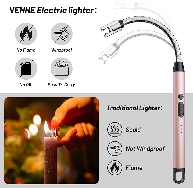 VEHHE Long Lighters Rechargeable with Safety Switch, USB C Lighter with 360° Flexible Neck, Windproof Flameless Plasma Arc Lighter with Led Battery Display for Fireworks BBQ Camping (Rose Gold)