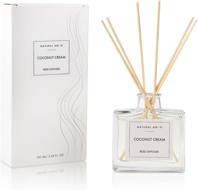 Natural Amor Coconut Reed Diffuser Set, 3.38 fl oz Scented Diffuser with Sticks Home Fragrance Reed Diffuser for Bathroom Shelf Bedroom Living Room