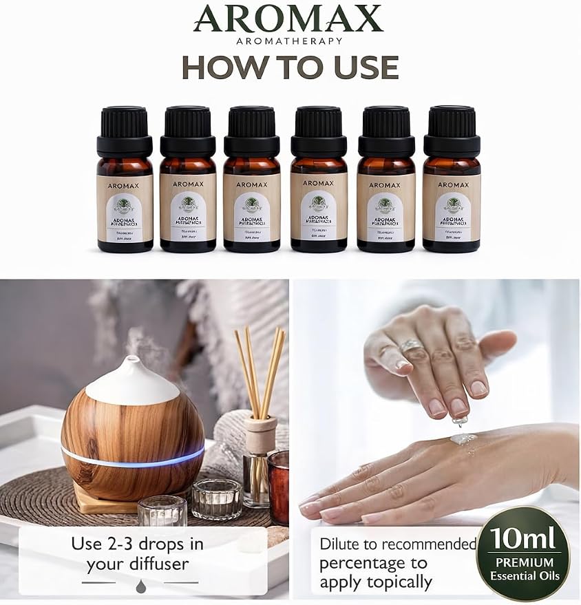 Aromax 6 Pack Essential Oils Gift Set Lavender, Mint, Sandalwood, Teakwood, Tea Tree & Gardenia for Relaxation, Sleep & Stress Relief Aromatherapy Oils for Diffuser, Spa, Home, Meditation & Self-Care