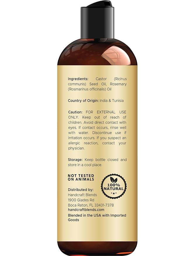 Handcraft Blends Castor Oil with Rosemary Oil 8 Fl Oz | 100% Pure and Natural | Premium Grade Carrier Oil | Hair, Eyelashes and Eyebrows | Hair and Body