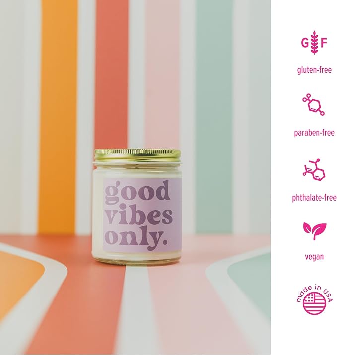 Austy Lou ‘Good Vibes Only’ Soy Candle – 9oz – Grapefruit Champagne Ginger Scent – Clean Burn, Handcrafted, Vegan, Fun Gift Idea