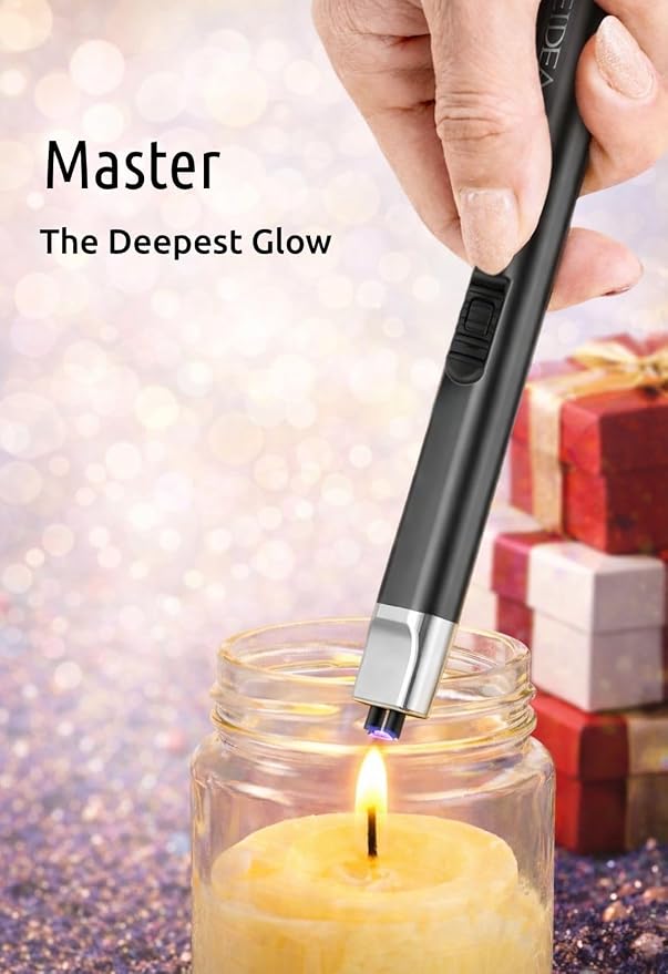 REIDEA Electric Lighter Gift for Candle Lovers, Windproof Flameless USB Rechargeable Arc Retractable Lighter with Safe Button and Power Indicator for Candle, BBQ and Fireworks, R1 Flat, Obsidian Black