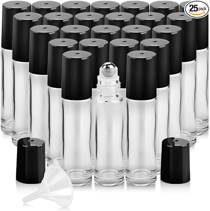 Worldgsb 25 Pack Essential Oil Roller Bottles, 10ml Refillable Clear Glass Roller Bottles with Stainless Steel Roller Balls and Caps for Travel, Perfume and Lip Gloss